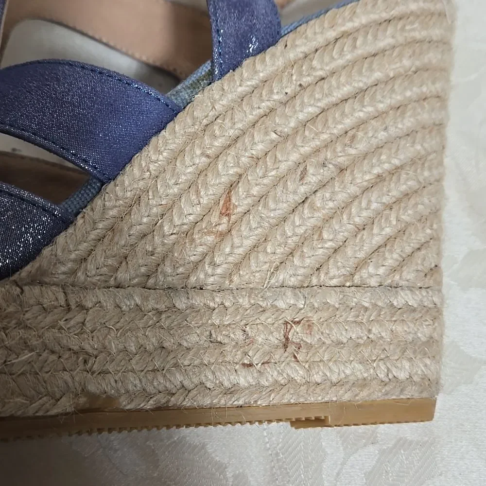 Kanna Women's Blue Leather Wedge Peep Toe Sandals